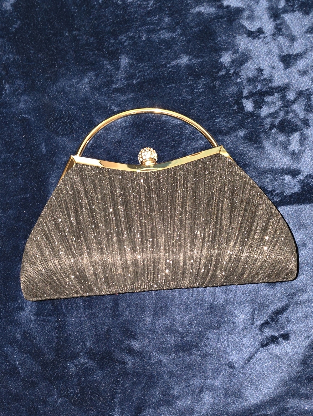 Gold-Trim Black Glitter Evening Clutch with Top Handle